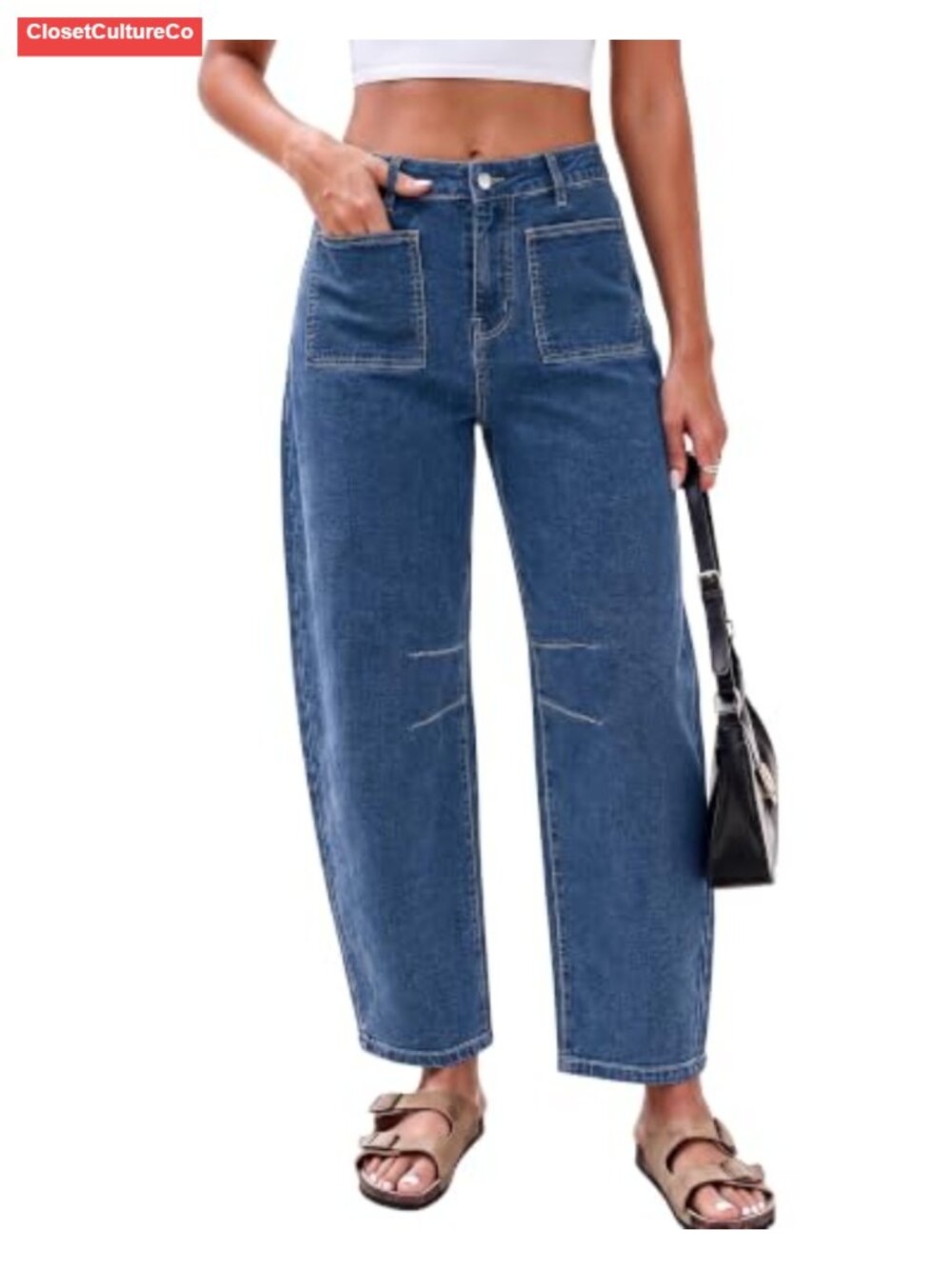 Barrel Jeans High Waisted Cropped Patch Pocket Stretch Denim Pants